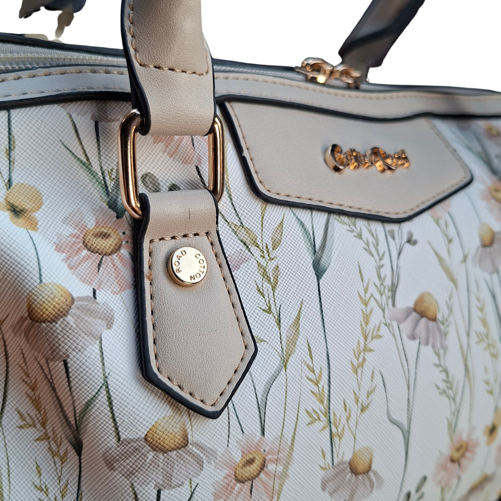 Cotton Road Handbag: IVORY PU Leather Barrel Handbag with FLORAL Panel BACK SIDE DETAILING