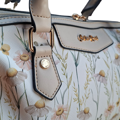 Cotton Road Handbag: IVORY PU Leather Barrel Handbag with FLORAL Panel BACK SIDE DETAILING