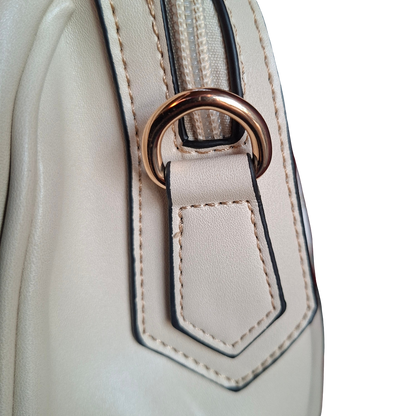 Cotton Road Handbag: IVORY PU Leather Barrel Handbag with FLORAL Panel BACK SIDE STRAP ATTACHMENT DETAIL
