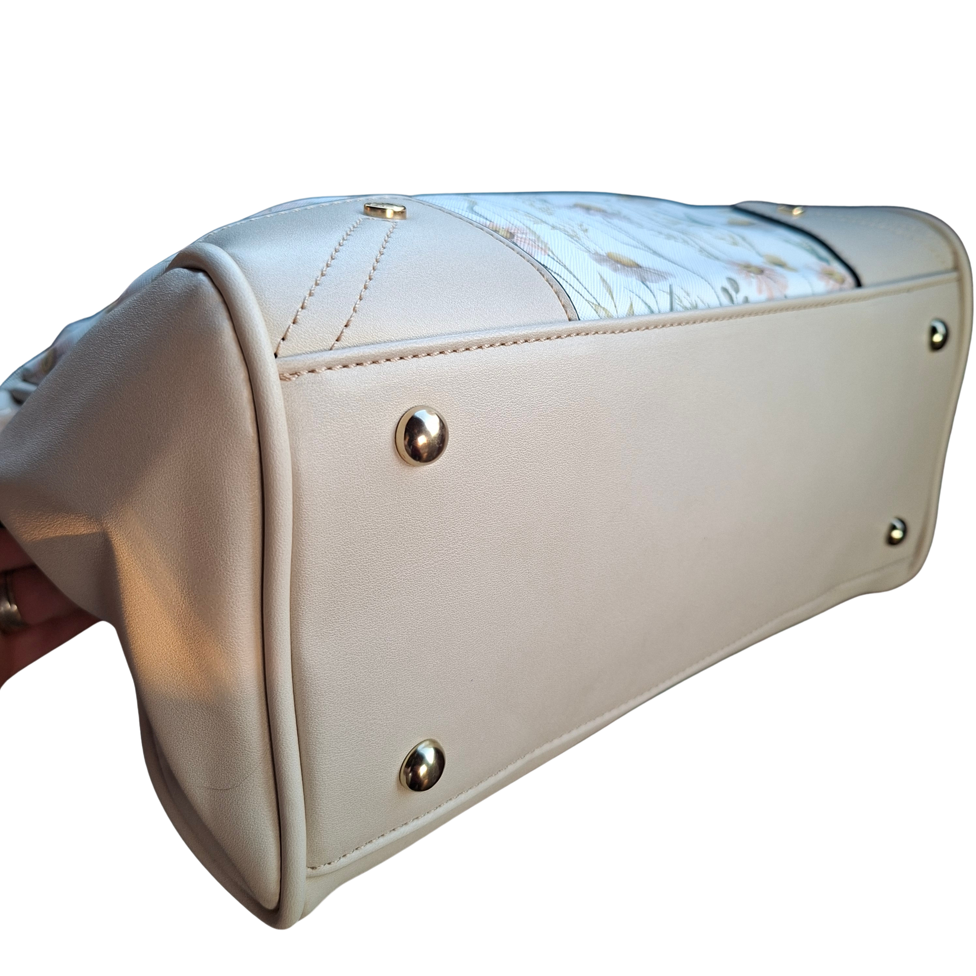 Cotton Road Handbag: IVORY PU Leather Barrel Handbag with FLORAL Panel BOTTOM DETAILING