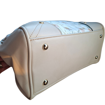 Cotton Road Handbag: IVORY PU Leather Barrel Handbag with FLORAL Panel BOTTOM DETAILING