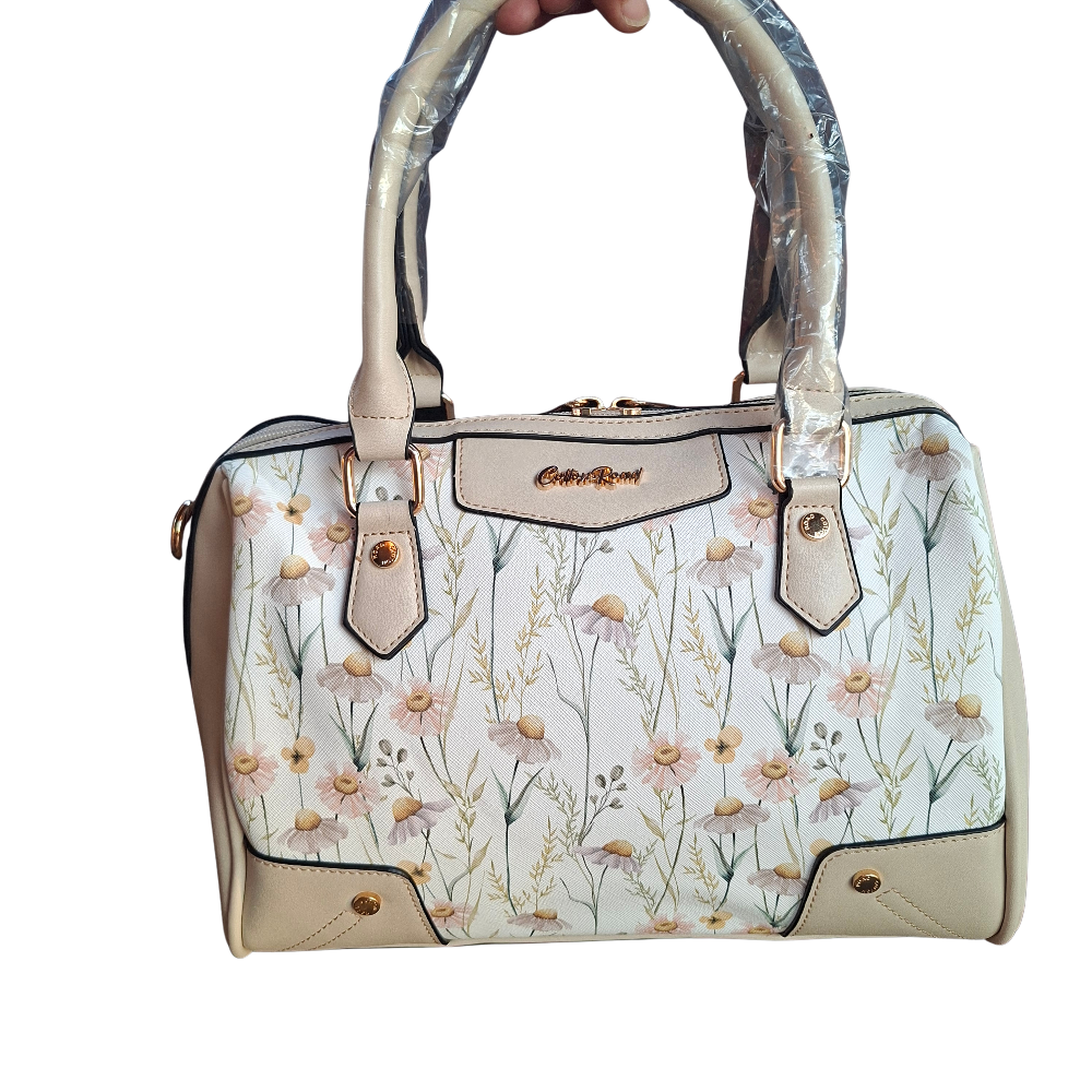 Cotton Road Handbag: IVORY PU Leather Barrel Handbag with FLORAL Panel FRONT
