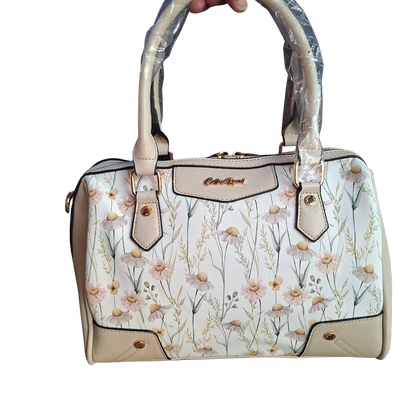 Cotton Road Handbag: IVORY PU Leather Barrel Handbag with FLORAL Panel FRONT