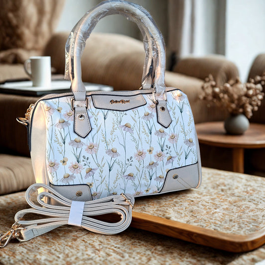 Cotton Road Handbag: IVORY PU Leather Barrel Handbag with FLORAL Panel HERO