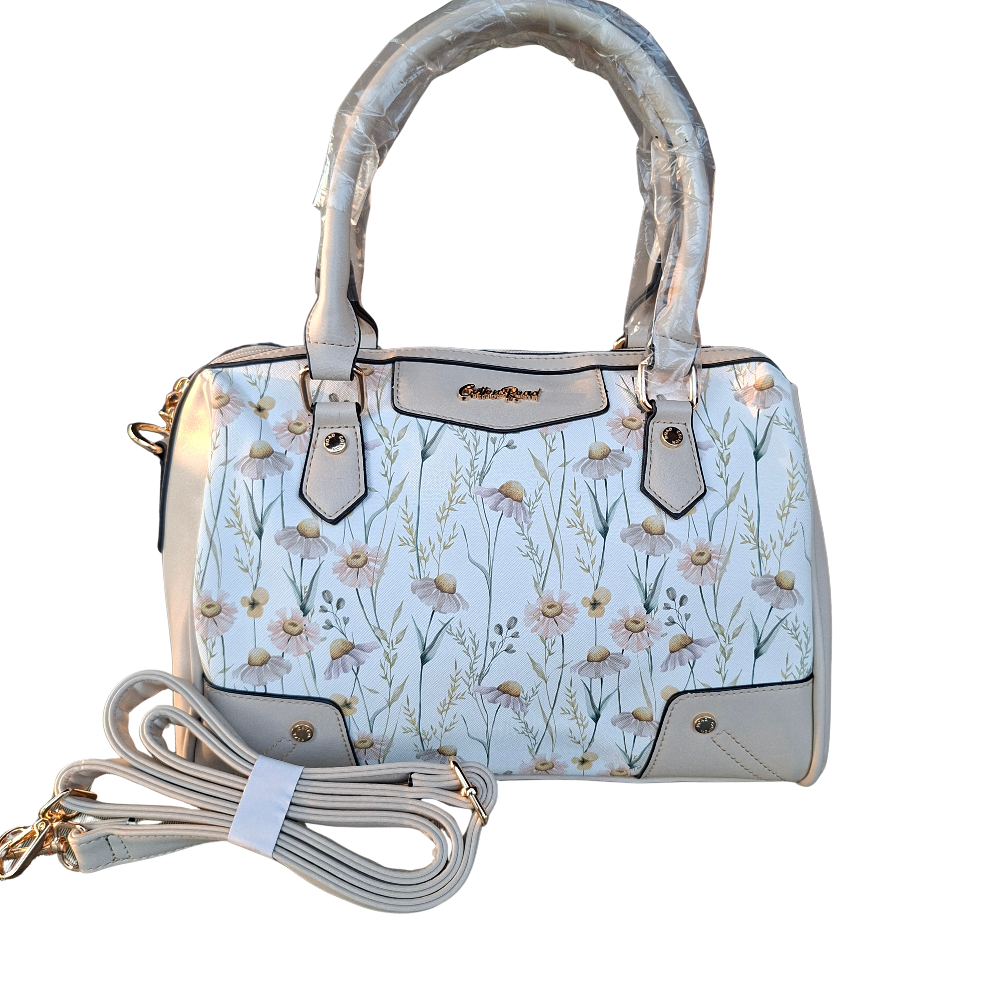 Cotton Road Handbag: IVORY PU Leather Barrel Handbag with FLORAL Panel SET