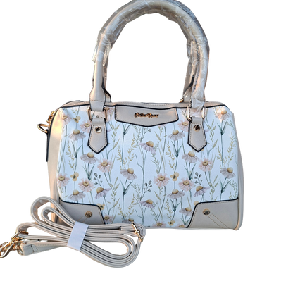 Cotton Road Handbag: IVORY PU Leather Barrel Handbag with FLORAL Panel SET