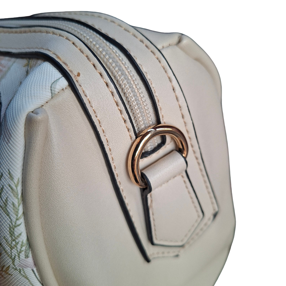 Cotton Road Handbag: IVORY PU Leather Barrel Handbag with FLORAL Panel SIDE DETAIL