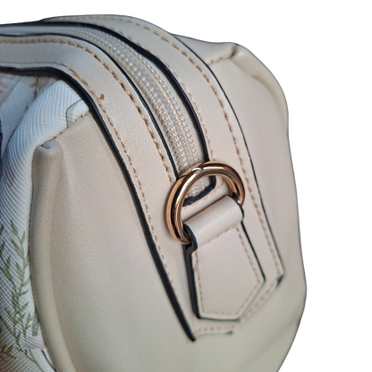Cotton Road Handbag: IVORY PU Leather Barrel Handbag with FLORAL Panel SIDE DETAIL