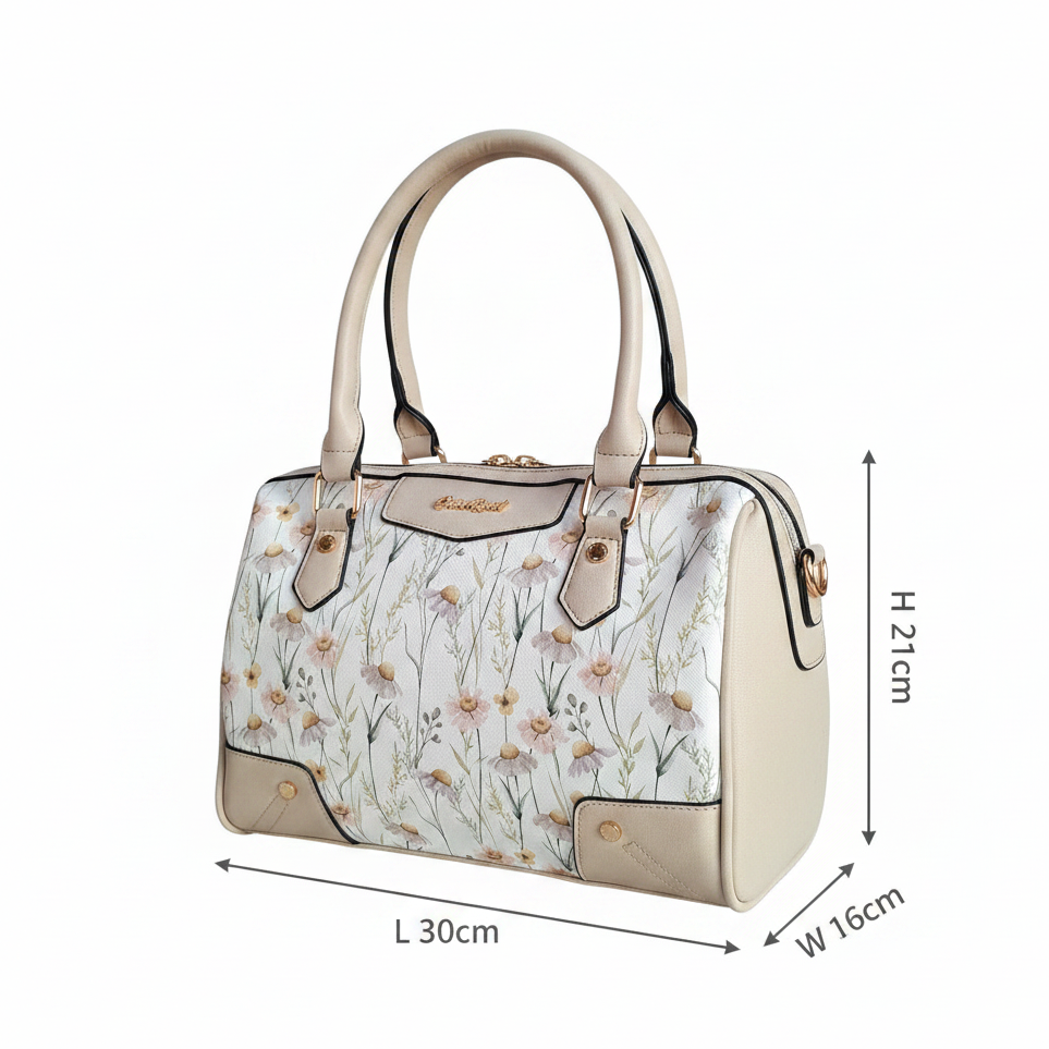 Cotton Road Handbag: IVORY PU Leather Barrel Handbag with FLORAL Panel SIZE