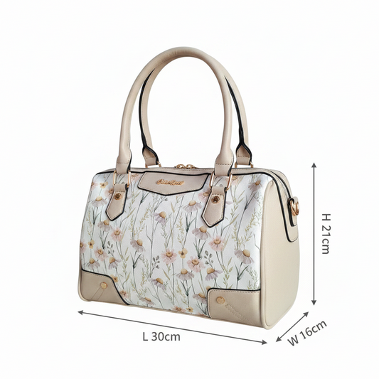Cotton Road Handbag: IVORY PU Leather Barrel Handbag with FLORAL Panel SIZE