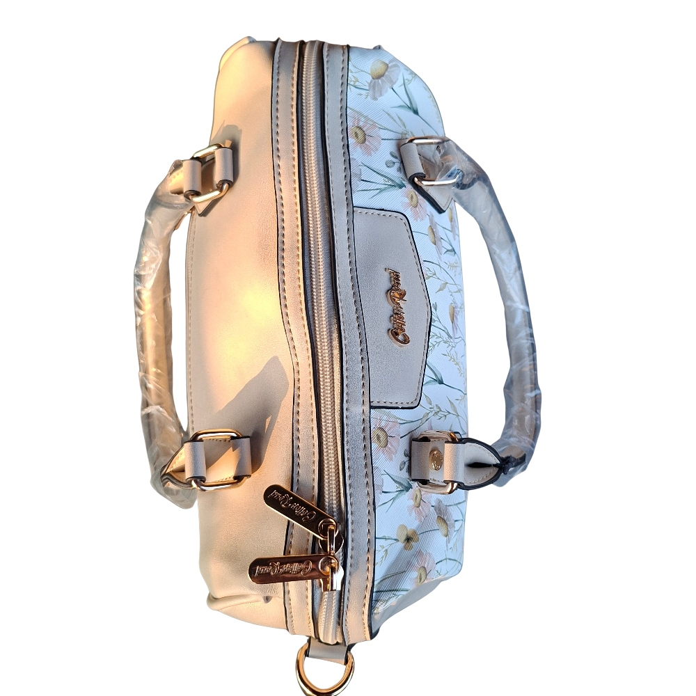 Cotton Road Handbag: IVORY PU Leather Barrel Handbag with FLORAL Panel TOP