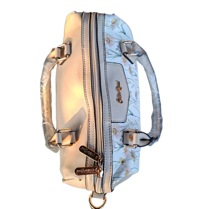 Cotton Road Handbag: IVORY PU Leather Barrel Handbag with FLORAL Panel TOP