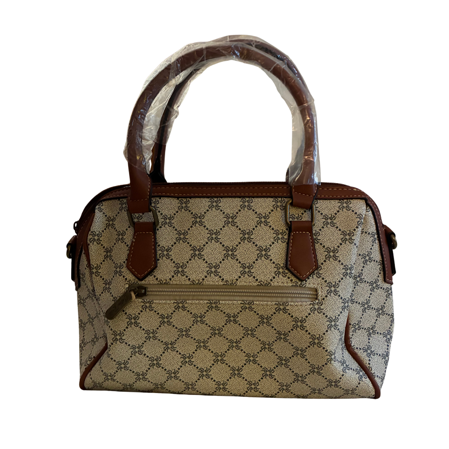 Cotton Road Handbag: Ivory Beige Barrel bag with brown PU Leather trim and detailing BACK 