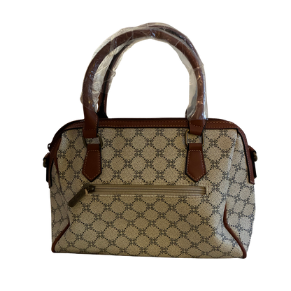 Cotton Road Handbag: Ivory Beige Barrel bag with brown PU Leather trim and detailing BACK 
