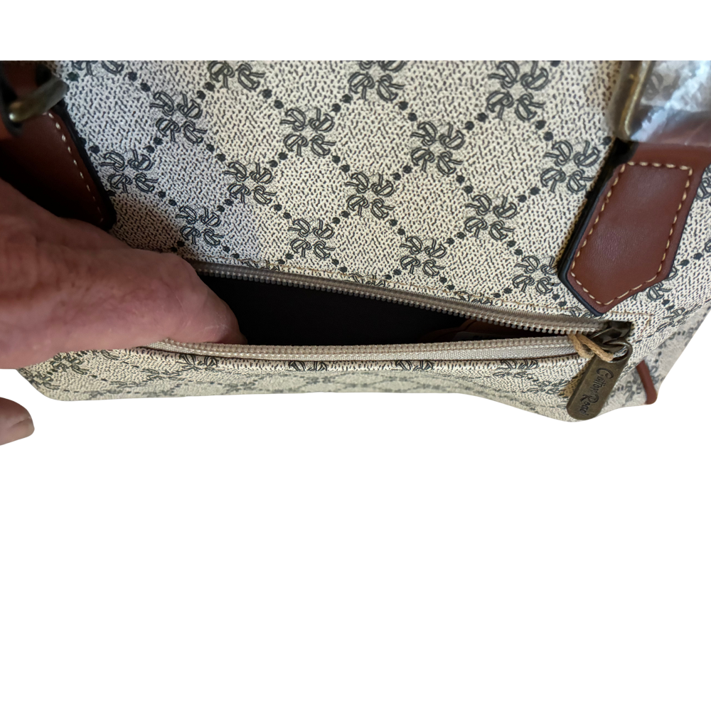 Cotton Road Handbag: Ivory Beige Barrel bag with brown PU Leather trim and detailing BACK POCKET OPEN