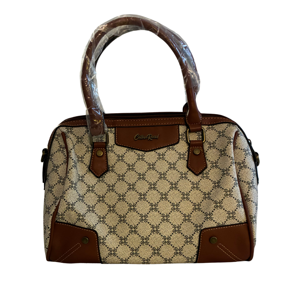 Cotton Road Handbag: Ivory Beige Barrel bag with brown PU Leather trim and detailing BACK VIEW