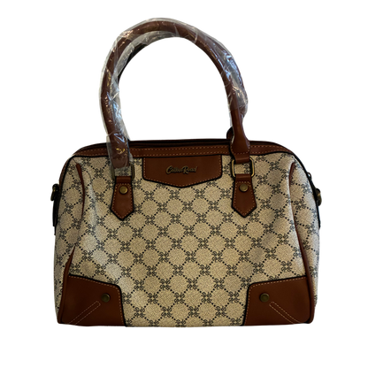 Cotton Road Handbag: Ivory Beige Barrel bag with brown PU Leather trim and detailing BACK VIEW