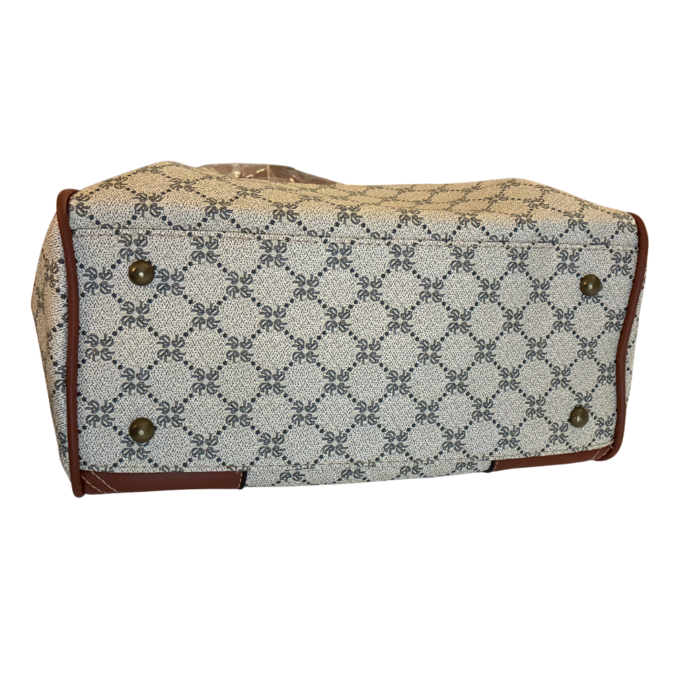 Cotton Road Handbag: Ivory Beige Barrel bag with brown PU Leather trim and detailing BOTTOM VIEW