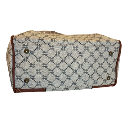Cotton Road Handbag: Ivory Beige Barrel bag with brown PU Leather trim and detailing BOTTOM VIEW