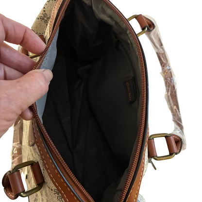 Cotton Road Handbag: Ivory Beige Barrel bag with brown PU Leather trim and detailing OPEN VIEW