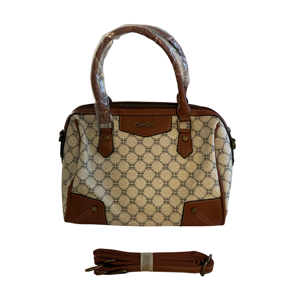 Cotton Road Handbag: Ivory Beige Barrel bag with brown PU Leather trim and detailing SET