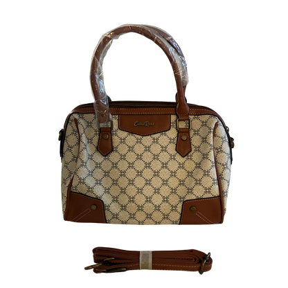 Cotton Road Handbag: Ivory Beige Barrel bag with brown PU Leather trim and detailing SET