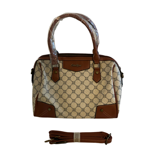 Cotton Road Handbag: Ivory Beige Barrel bag with brown PU Leather trim and detailing SET