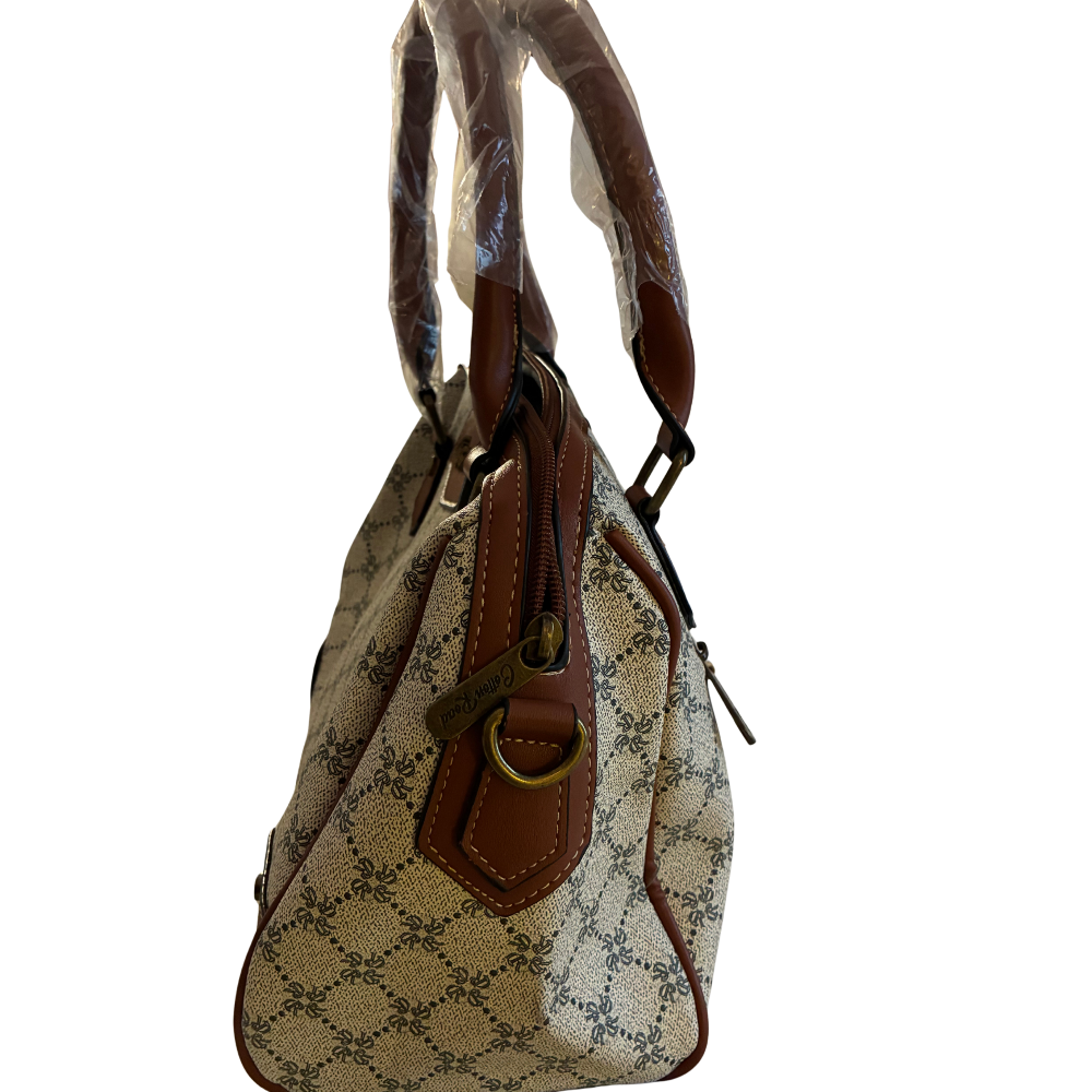 Cotton Road Handbag: Ivory Beige Barrel bag with brown PU Leather trim and detailing SIDE VIEW