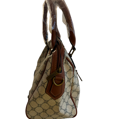 Cotton Road Handbag: Ivory Beige Barrel bag with brown PU Leather trim and detailing SIDE VIEW