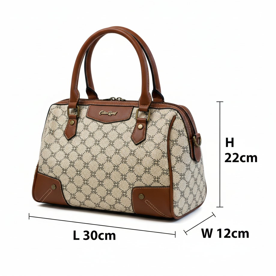 Cotton Road Handbag: Ivory Beige Barrel bag with brown PU Leather trim and detailing SIZED
