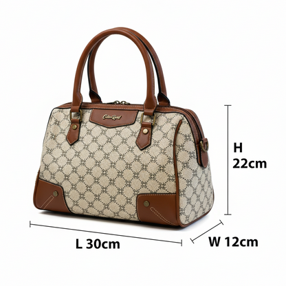 Cotton Road Handbag: Ivory Beige Barrel bag with brown PU Leather trim and detailing SIZED