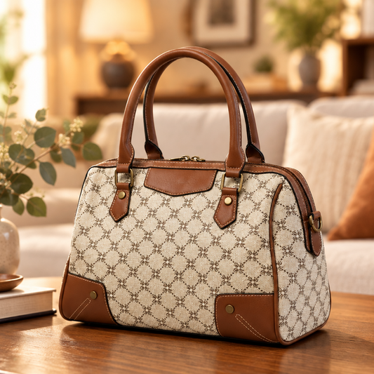 Cotton Road Handbag: IVORY BEIGE Monogram Barrel Bag with Brown PU Leather Trim