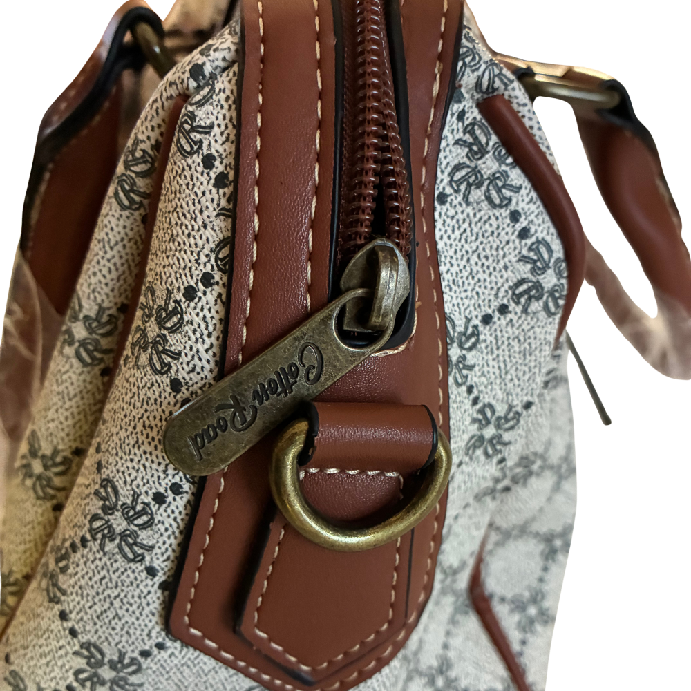 Cotton Road Handbag: Ivory Beige Barrel bag with brown PU Leather trim and detailing ZOOM VIEW