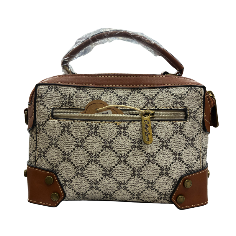 Cotton Road Handbag: Ivory Beige Mini Handbag with PU Leather trim and detailing back