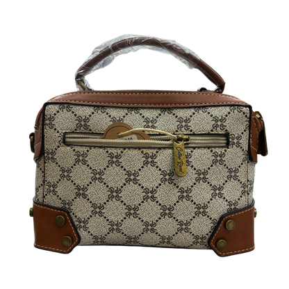 Cotton Road Handbag: Ivory Beige Mini Handbag with PU Leather trim and detailing back