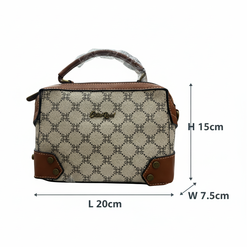 Cotton Road Handbag: Ivory Beige Mini Handbag with PU Leather trim and detailing front