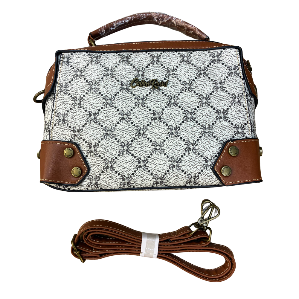 Cotton Road Handbag: Ivory Beige Mini Handbag with PU Leather trim and detailing set