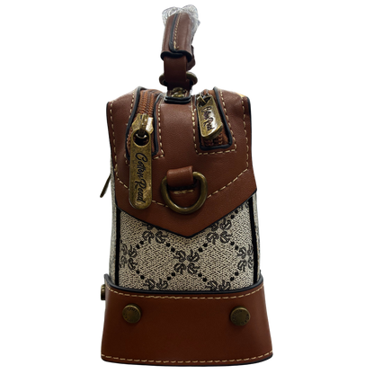 Cotton Road Handbag: Ivory Beige Mini Handbag with PU Leather trim and detailing side