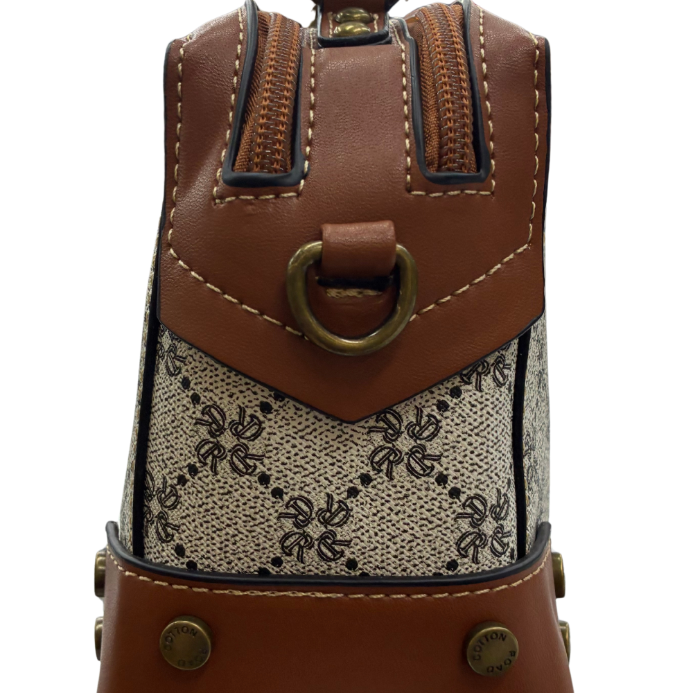 Cotton Road Handbag: Ivory Beige Mini Handbag with PU Leather trim and detailing side detail