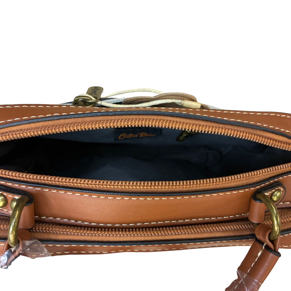 Cotton Road Handbag: Ivory Beige Mini Handbag with PU Leather trim and detailing top open view