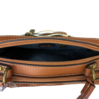 Cotton Road Handbag: Ivory Beige Mini Handbag with PU Leather trim and detailing top open view