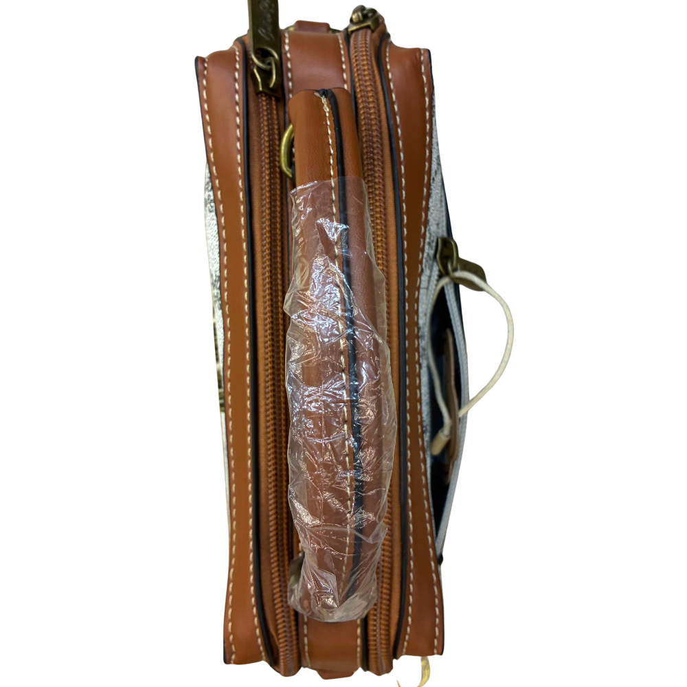 Cotton Road Handbag: Ivory Beige Mini Handbag with PU Leather trim and detailing top view