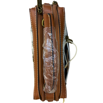 Cotton Road Handbag: Ivory Beige Mini Handbag with PU Leather trim and detailing top view