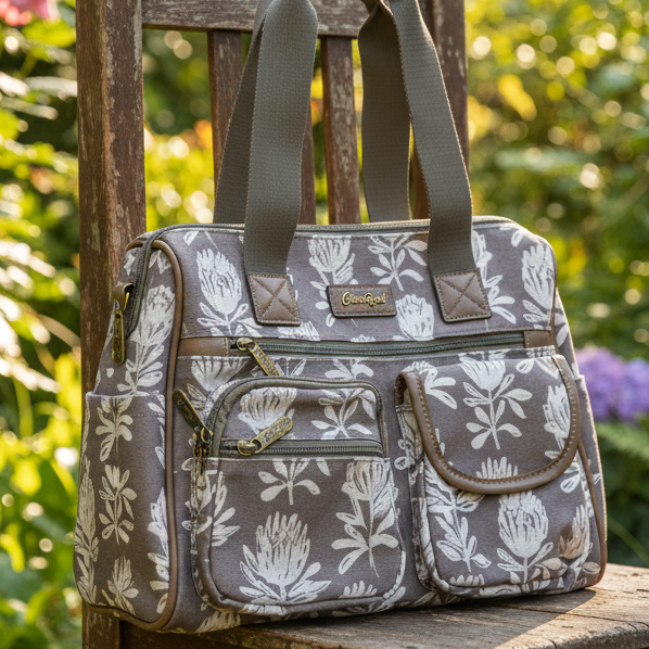 Cotton Road Handbag: KHAKI/BROWN Canvas with PU Leather Trim, TWIN POCKETS and PROTEA Print
