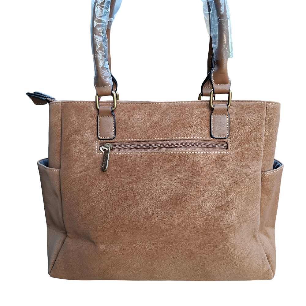 Cotton Road Handbag: KHAKI BROWN Soft PU Leather Double Compartment bag BACK