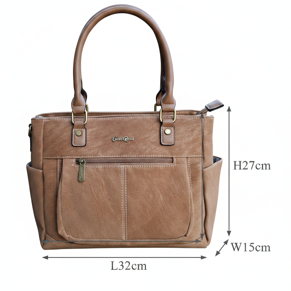 Cotton Road Handbag: KHAKI BROWN Soft PU Leather Double Compartment bag FRONT