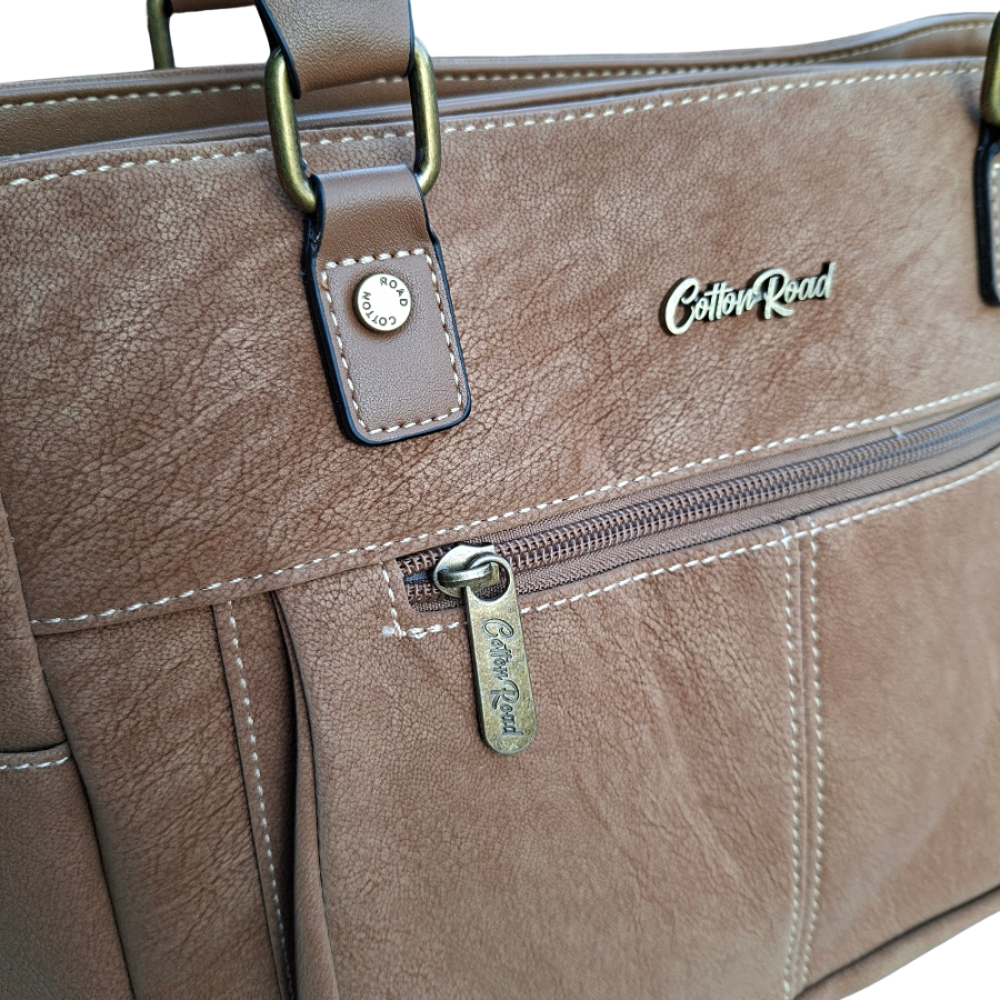 Cotton Road Handbag: KHAKI BROWN Soft PU Leather Double Compartment bag FRONT DETAIL