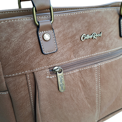 Cotton Road Handbag: KHAKI BROWN Soft PU Leather Double Compartment bag FRONT DETAIL