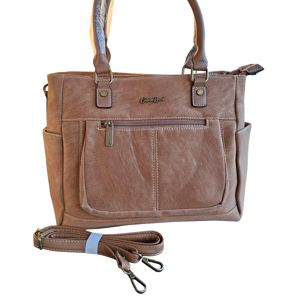 Cotton Road Handbag: KHAKI BROWN Soft PU Leather Double Compartment bag SET