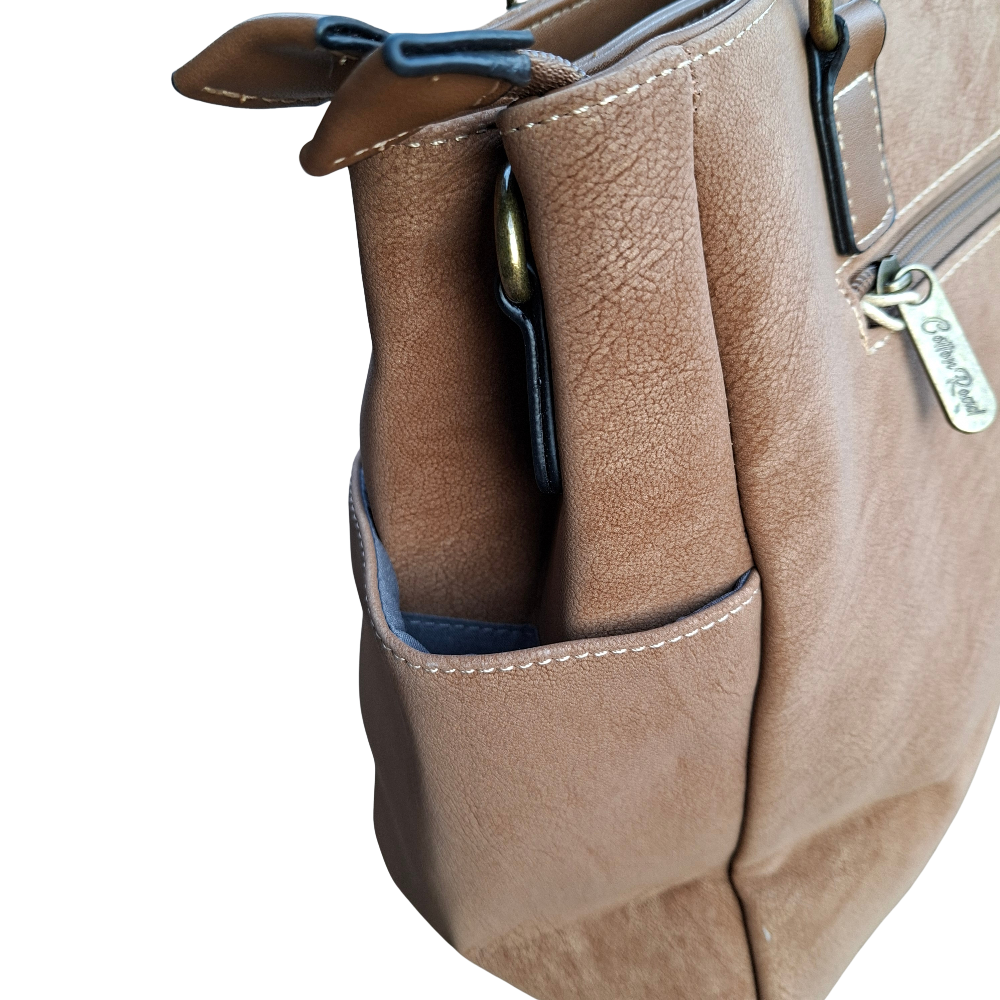 Cotton Road Handbag: KHAKI BROWN Soft PU Leather Double Compartment bag SIDE POCKET